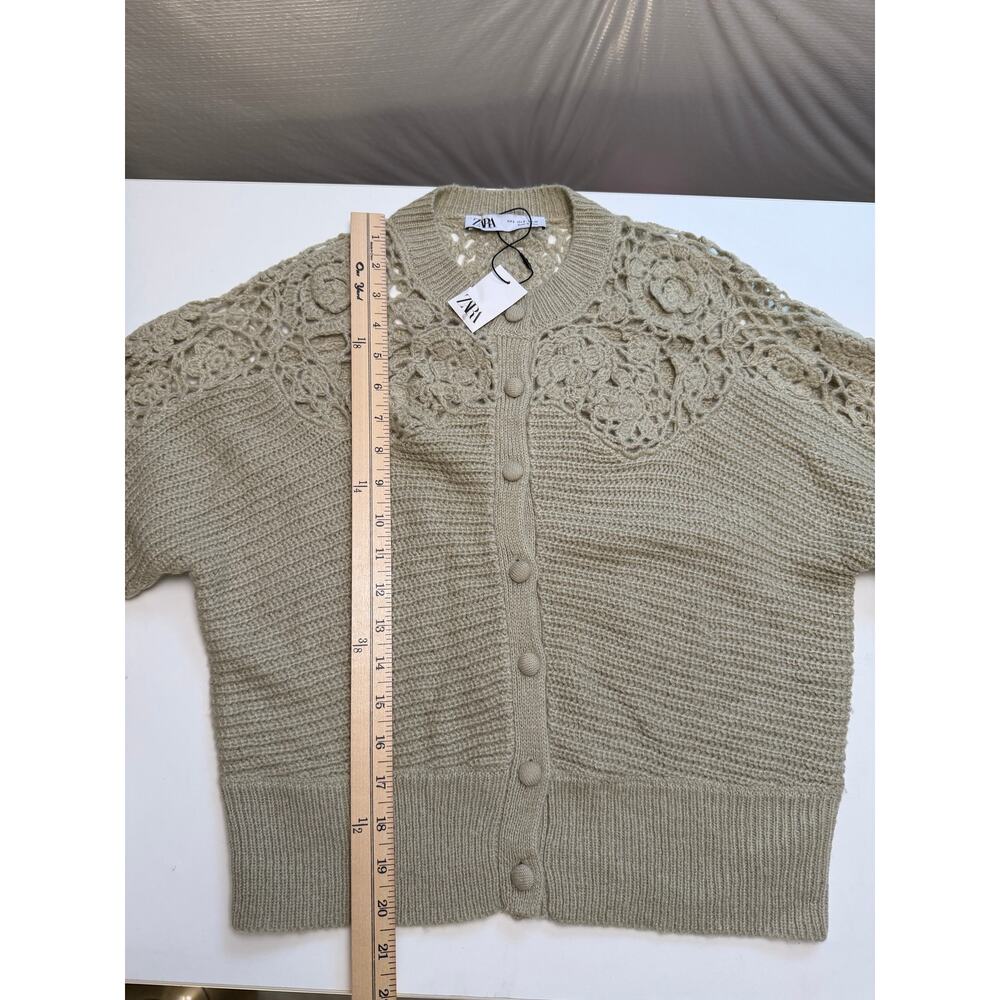 Zara Womens Size S Cardigan Sweater Green Crochet Floral Fairy Boho Wool Blend - Picture 8 of 10